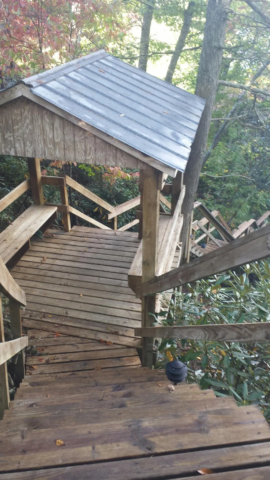 Metal roofed shelter over wooden steps on a wooded walkway — Skylight Repair & Installation work by our crew in Canal Winchester